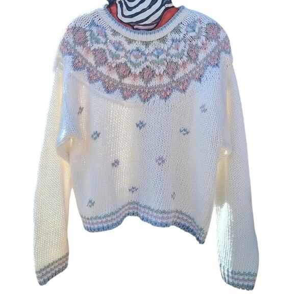 Vintage 80s 90s S/M/L Eclectic Grandpa Sweater Cottagecore Floral Strip‎ Cream - Picture 1 of 8